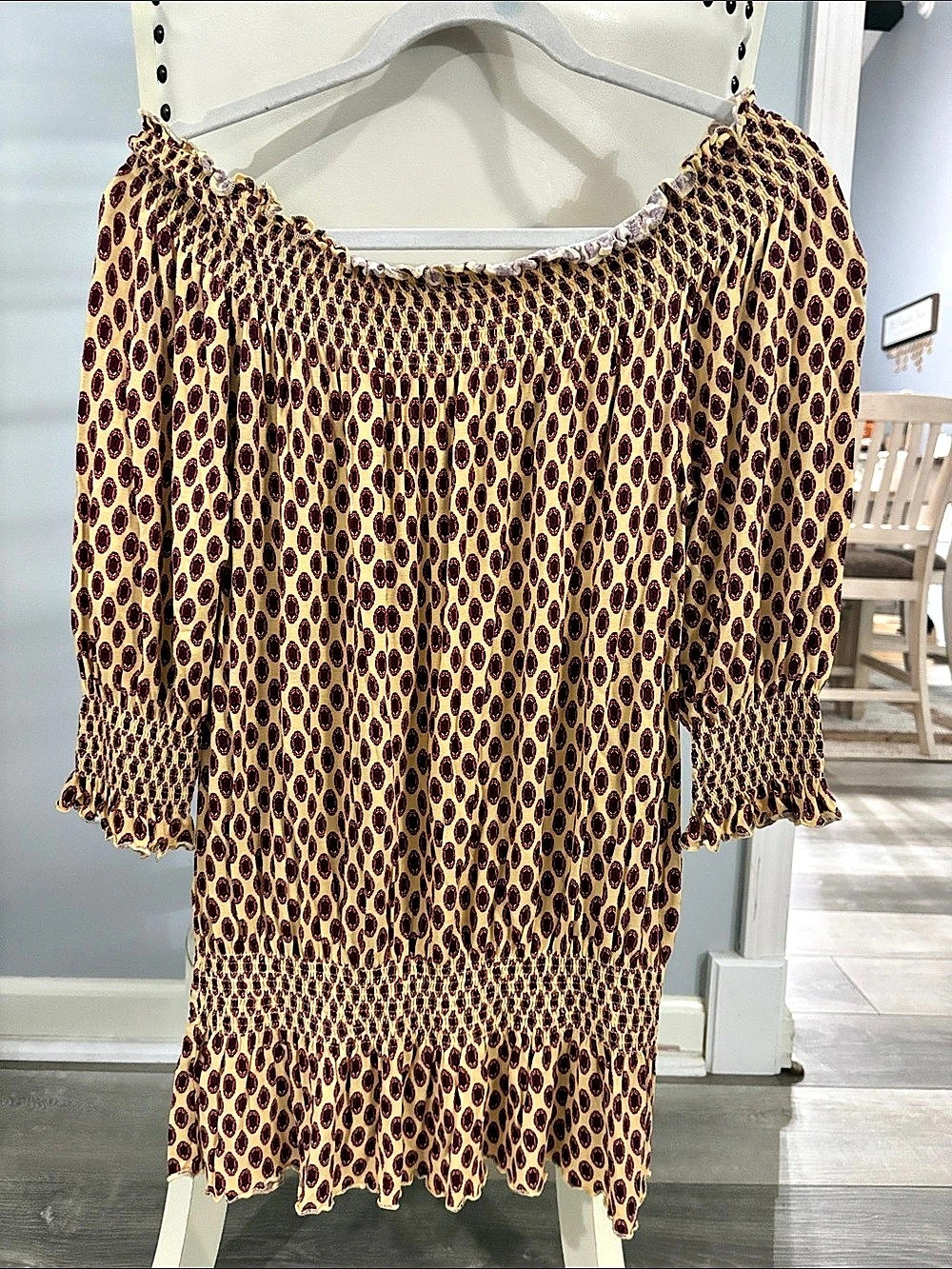 LASCANA Smocked Blouse in Brown & Yellow Size Medium